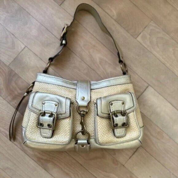 COACH LEGACY STRAW RAFFIA GOLD LEATHER SHOULDER HANDBAG PURSE - Picture 2 of 15